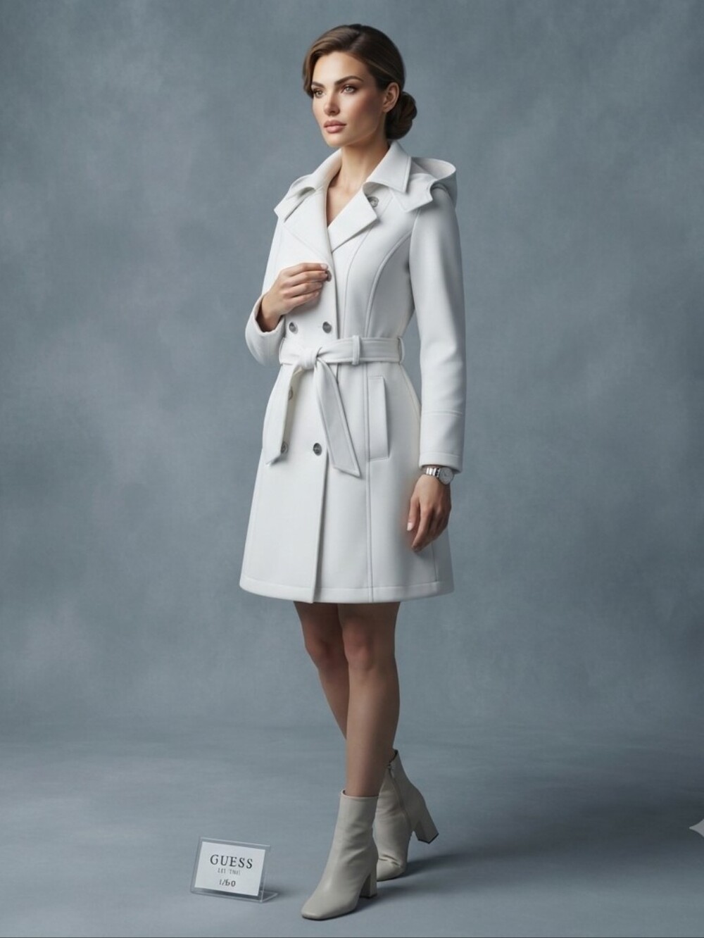 GUESS Women's White Double Breasted Trench Coat Jacket Hooded Belted Size Large